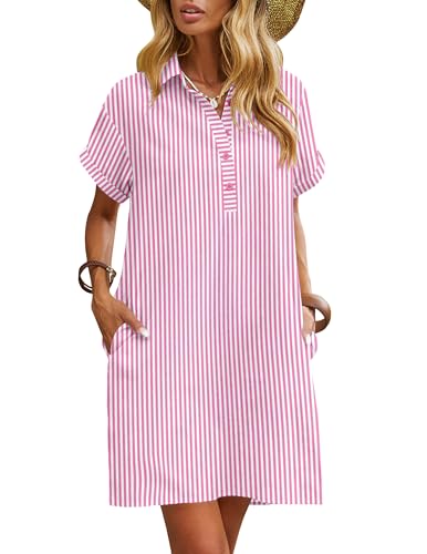 Image of Zeagoo Womens Cotton Shirt Dress Summer Casual Short Sleeve Button Down Beach Cover Up Shirts with Pockets