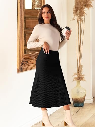 Seta T Women's Ribbed Knit A-Line Skirts Elastic High Waist Stretchy Sweater Midi Skirt3