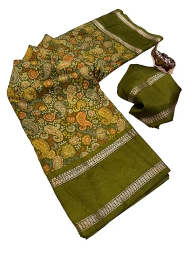 Image of Kalamkari Floral Prints Dola Silk Saree With Rich Zari Border Designer Pallu Attach Blouse Piece