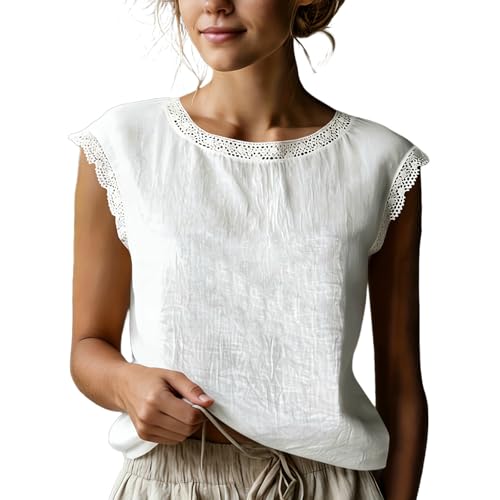 Cotton Linen Tops for Women Summer Casual Shirts Cap Sleeve Crew Neck T Shirts Lightweight Lace Trim Blouses Tees White