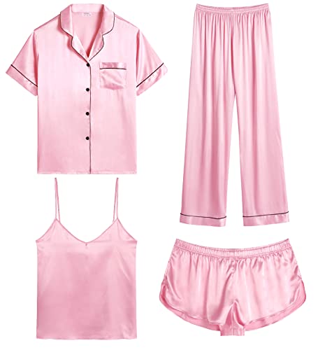 Image of SWOMOG Womens Silk Satin Pajamas Sets 4pcs Sleepwear Sexy Cami Shorts Set and Button Down Short Sleeve Pjs Loungewear Rose Pink X-Small