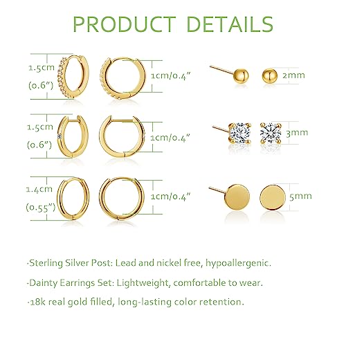 Stud and Hoop Earrings Set for Women 18K Gold Filled CZ Small Ball Studs Huggie Earrings Hypoallergenic Cartilage Earring Sets for Multiple Piercing4