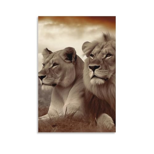 Toile lion et lionne 60x90cm sans cadre pour décoration murale