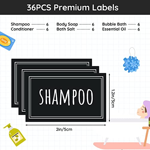 Image of Segbeauty 36PCS Black Waterproof Labels, Self-Adhesive Bathroom Labels for Organizing, Removable Printed Shampoo Conditioner Body Soap Bath Salt Essential Oil Label Stickers for Plastic Glass Bottles