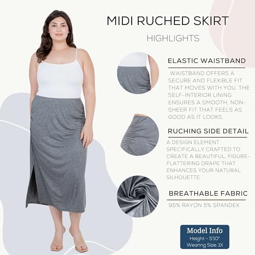 Image of Azules Women's Stretchy Midi Skirt, Ruched Bodycon Jersey Knit Skirt with Side Slit Pull-On High Waist Fit