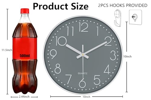 Image of Wall Clock, Silent Wall Clocks Battery Operated 10 Inch Modern Non Ticking Analog Clock with Large Numerals Tempered Glass Clocks for Bedroom, Living Room, Kitchen, Office Decor, Grey