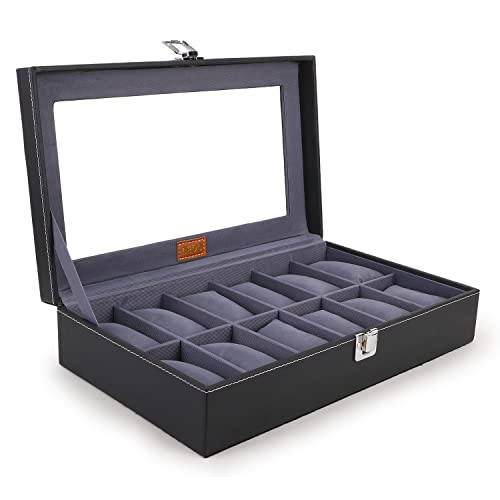LEDO Men’s and Women’s Watch Box Holder Organizer Case In 12 Slots of watches In PU Leather with Black & Gray
