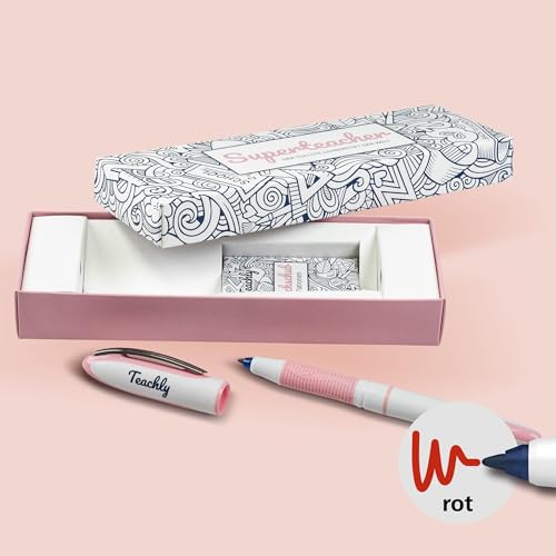 Stylo roller enseignant rechargeable Teachly rose avec 7 cartouches d'encre rouge