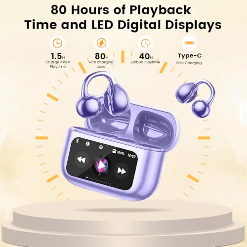 Image of Clip On Ear Headphones, Open Ear Earbuds Wireless Bluetooth 5.4, Clip On Earbuds with LCD Touchscreen, Lightweight Comfort Open Ear Headphones for Pad Tablet Laptop Android /iOS Phones (Purple)