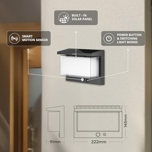 Image of Wipro Garnet Motion Sensor Solar Wall Light SW03 | 6 in 1 modes | Color Changing(Warm & Cool White) | Auto ON (Night) & OFF (Day) | IP65 | Outdoor Light for Home, Balcony, Patio, Stairs, Garden | Pk 1