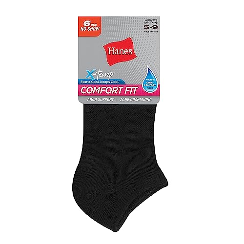 Hanes Womens 6-Pair Comfort Fit No Show Fashion Liner Socks, Solid Black, 5 9 Us #TOP1