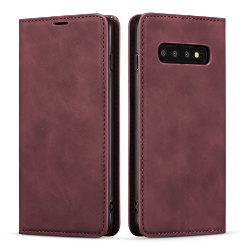 Étui Samsung Galaxy S10 QLTYPRI housse en cuir mince rouge vin avec porte-cartes