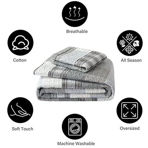 Image of PANGUSHAN Quilt Set King Size,100% Cotton Quilt Bedspread Bedding Set,Grey(Gray) /Cream /Khaki Patchwork Plaid Farmhouse Rustic Reversible Lightweight Comforter Bed Cover King Bed,All Season,3 Pieces