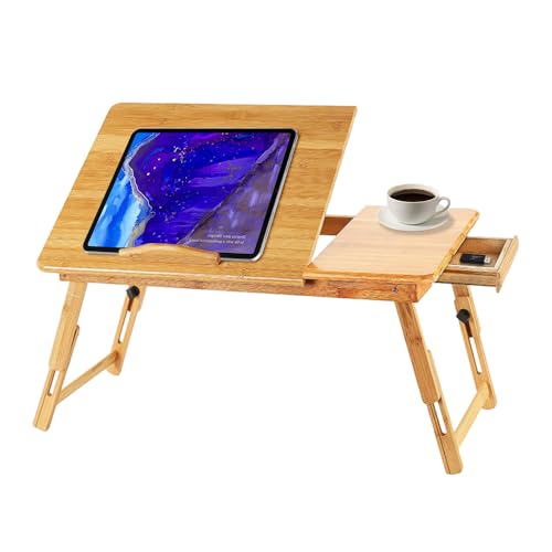 Table Portable pour Ordinateur, Plateau de Lit Pliable, Bureau réglable avec Trous d'aération2 en 1 Plateau en Bambou,Table lit Ordinateur Portable en...