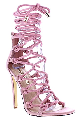 Liliana Rope-Up Caged Lace Faux Suede Gladiator Heel Nikia-98 (pink 7.5)