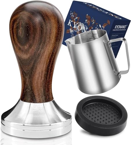 KYONANO Espresso Accessories - Espresso Tamper 51mm - Tamper with Chacate Preto Wood Handle -Coffee Tamper Plus Milk Frothing Pitcher 350ml