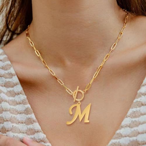 Gold Initial Necklaces For Women- Vintage 18K Gold Plated Toggle Letter Necklace Paper Clip Chain Choker Necklace For Women Jewelry Gifts3