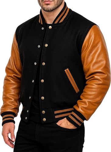 Image of Men Varsity Jacket College Baseball Letterman Wool Jacket Leather Sleeves