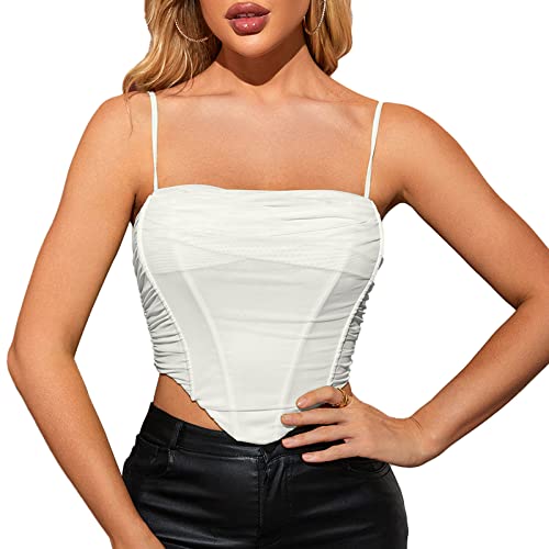 Kutumai Women's Adjustable Spaghetti Strap Corset Crop Top Mesh Boned Bustier Zip Back Going Out Top White S #TOP16