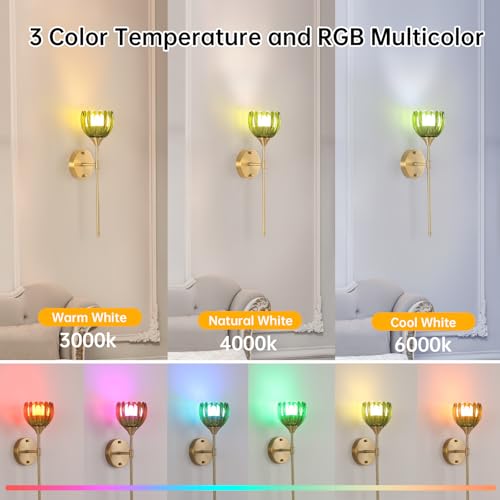 Image of Shenmoyl Battery Operated Wall Sconce Set of 2, Green Tulip Vintage Wall Light Fixture Rechargeable 5000mAh Battery Powered Wall Lamp with Remote for Living Room Bathroom
