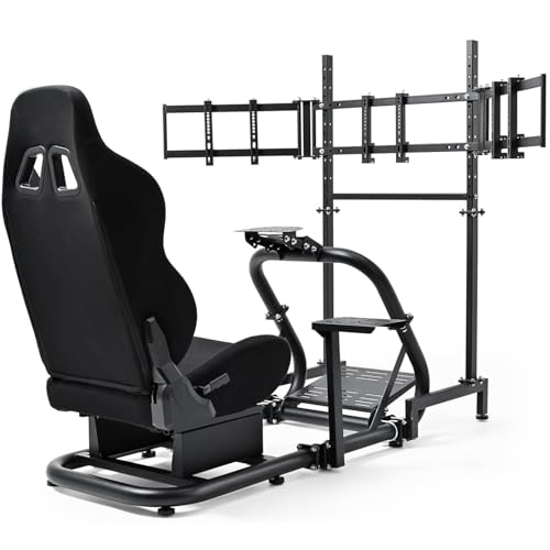 Dardoo Racing Simulator Cockpit with Triple Monitor Stand and Black Seat Compatible with Logitech G29 G920 G923, fit for Thrustmaster T300RS, fit for Fanatec CSL-DD, No Steering Wheel,Pedal,Handbrake
