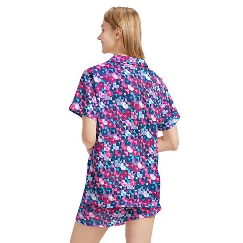 Image of Funny Pajamas for Women Set Print Satin Loungewear Pjs Short Sleeve Button Down Top and Shorts Sets Sleepwear XS-3XL