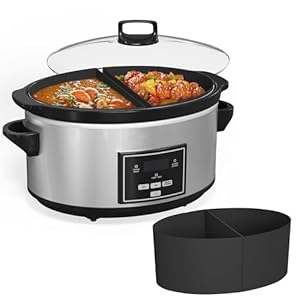 6 Quart Programmable Slow Cooker with 2 in 1 Silicone Liners, Auto Warm Setting, Digital Timer, 3 Cooking Settings, Dishwasher Safe Ceramic Pot & Glass Lid, Silver