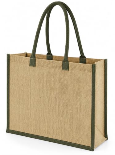 Image of Hyper Mart Natural Large Reusable Hessian Bag with Padded Cotton Handles – Laminated Strong Bag for Shopping, Gifts & Everyday Use (OLIVE GREEN HANDLES AND EDGES)