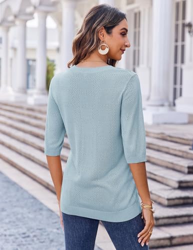 Image of Zeagoo Womens Loose Short Sleeve Tunic Tops Lightweight Crew Neck Crochet Knit Pullover Sweater Blouses