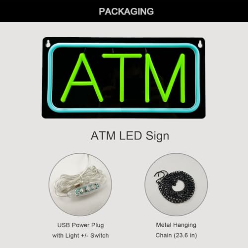 Image of ATM Neon Sign, Small Size, 12 inchx6 inch, USB Powered, 9 Levels of Brightness, Signboards for Convenience Store, Gas Station, Liquor Shop, Mini Market, Wall Window Decor for Storefront (Green, Black Acrylic)