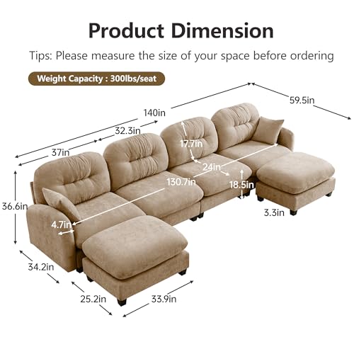 Image of KEIKI 140 inch U-Shaped Oversized Chenille Modular Sectional Sofa with 2 Ottoman, High-Density Foam Cushions, Tufted Pleated Cushion Backrest, Modern 4-Seater Couch with 2 Pillow, for Living Room, Camel