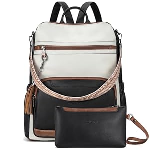 BOSTANTEN Leather Laptop Backpack for Women Designer Travel Backpack with Laptop Compartment Ladies Computer Shoulder Bags Black＆Beige＆Brown