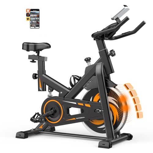 Decorcn Bicicleta Estatica Indoor con APP, Bici Estatica Magnética con Volante 15 KG, Resistencia Ajustable, Monitor LCD, Pulsómetro, Soporte de Dispositivos,Porta Botellas, Máx. 150kg