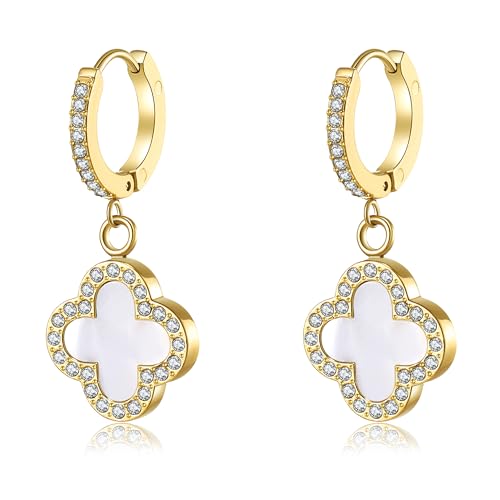 AIPPK Clover for Women White Clover Hoop Earrings 18K Gold Plated Four Leaf Lucky Drop Earrings Jewelry Gifts