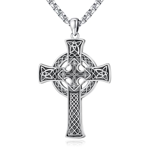 Eusense Celtic Cross Necklace for Men Women Irish Sterling Silver 925 Celtic Kont Cross Pendant Jewelry Womens Mens Big Large Male Female Cross Necklaces