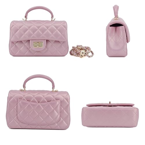 Image of M-ioi-M Small Quilted Crossbody Bag for Women, Genuine Leather Mini Shoulder Flap Purse with Gold Chain Strap & Top Handle