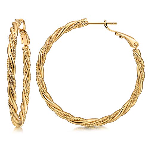 Hoop Earrings,14K Gold Plated Chunky Twisted Hoop Earrings for Women with 925 Sterling Silver Post (Gold-40mm)