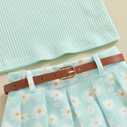 Image of BeQeuewll Toddler Baby Girl Summer Clothes Daisy Flower Girl Outfit Knit Shirt Mini Pleated Skirts Set Outfits for Grils1-4T (Green, 2-3 Years)