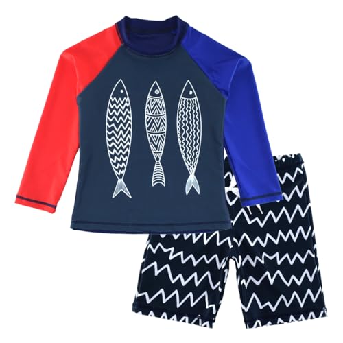 Image of Kids Short Sleeve Sunsuit Swimwear Boys Two Piece Rash-Guard-Sets Dinosaur Pattern