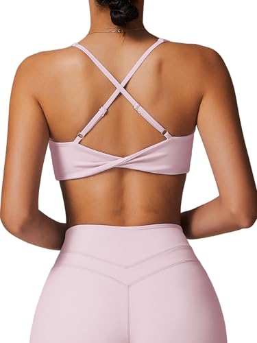 Image of ABOCIW Womens V Neck Twist Back Sports Bra Padded Low Impact Fitness Yoga Bra Workout Crop Top