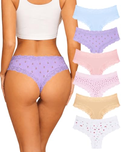 Image of Sth Big Womens Cotton Underwear Sexy Lace Brazilian Panties Soft Breathable Cotton Bikini for Ladies 6 Pack