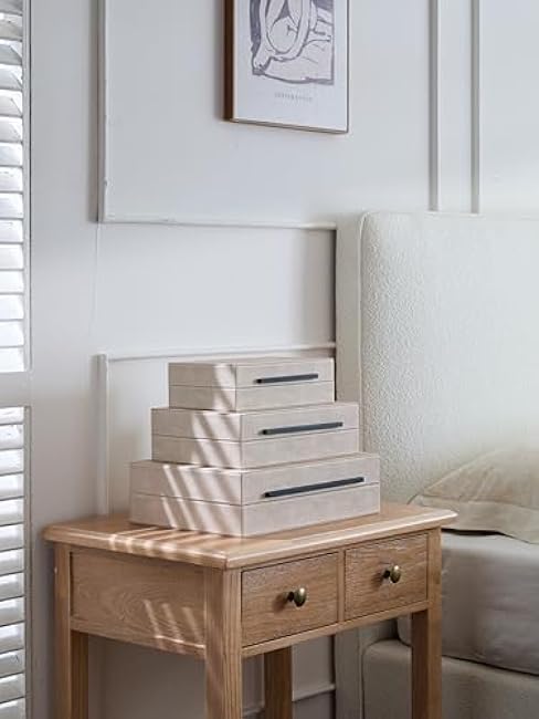 Ivory Shagreen Decorative Boxes with Lids Set of 3 - Large Leather Stacking Storage Boxes for Home Decor, Black Metal Handle Remote Control Box, Modern Jewelry Box for Shelves, Coffee Table