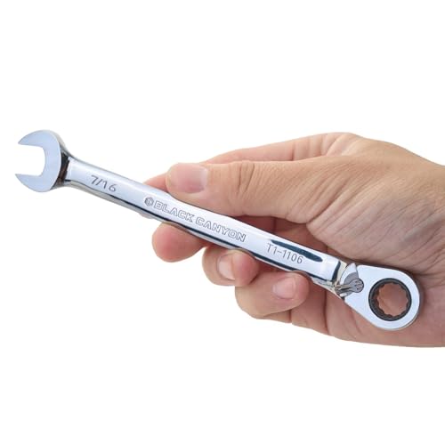 Image of BLACK CANYON 7 /16 Inch Ratchet Combination Wrench, 12-Point Box End & Hex Opening, Polished Steel Ratcheting Wrench with SAE & Metric Sizes