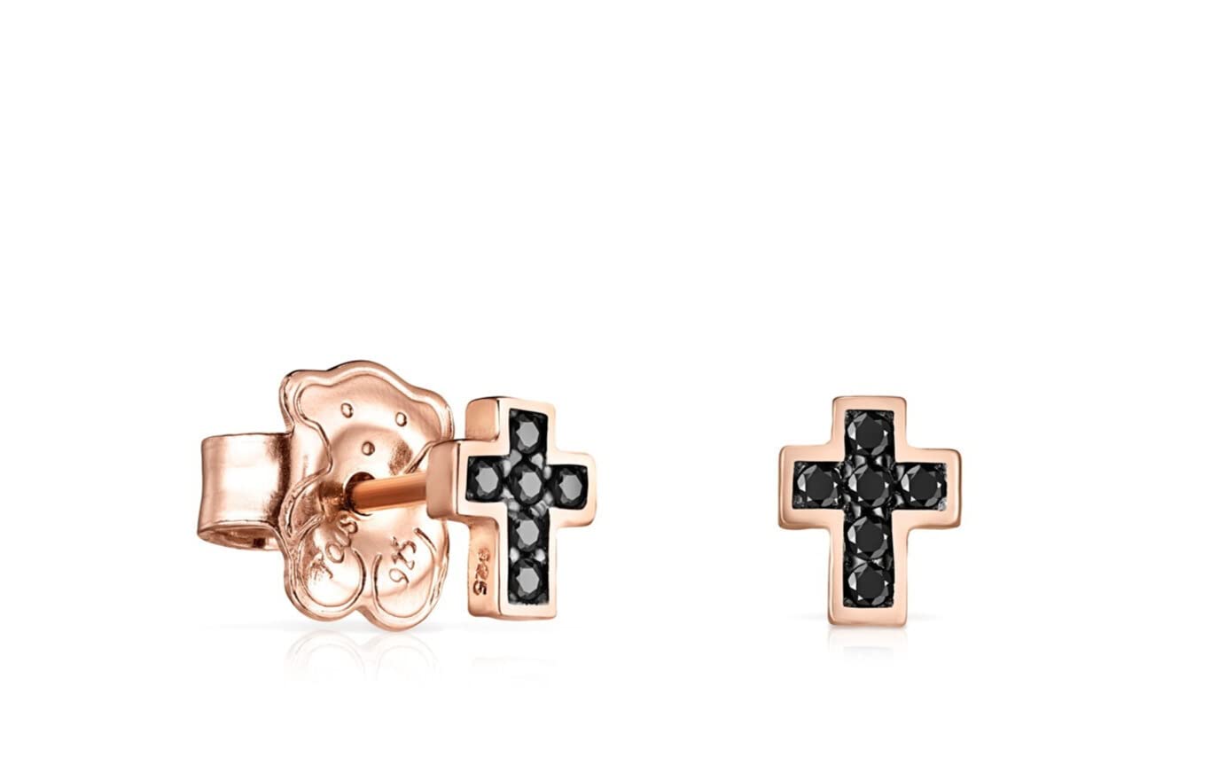 TOUS Pendientes con Baño de Oro Rosa 18Kt sobre Plata para Mujer con Cierre de Presión y Motivo Cruz de Espinelas, Minimalista y Elegante, Colección Motif