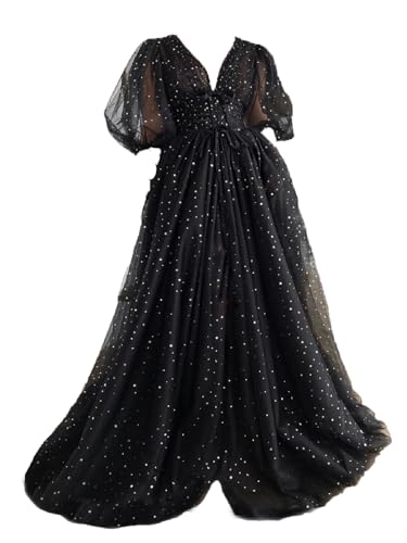 Xijun Women's Petite Puffy Sleeve Prom Dresses Long V Neck Sparkle Starry Tulle A Line Black Corset Slit Formal Evening Party Gowns US14