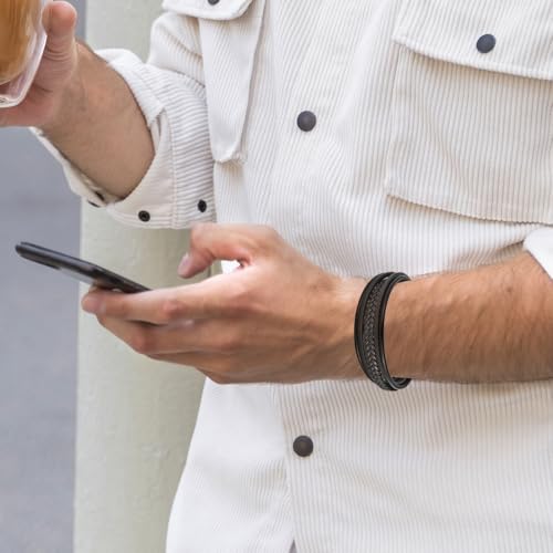 Pulsera para hombre de cuero trenzado con acero inoxidable miniatura 2