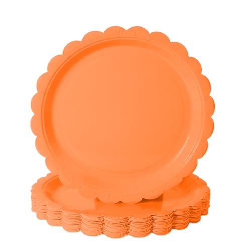 BEFORYOU 50PCS Disposable Paper Plates Scalloped Orange Party Plates 7IN