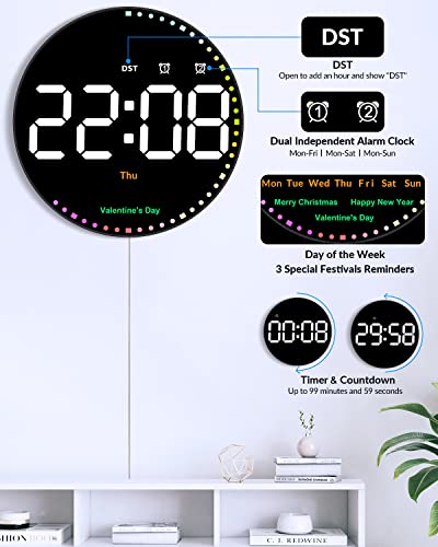 Digital Wall Clock With Colorful Light, 10" Led Large Digital Clock With Remote, Adjustable Brightness, Time, Date, Temp, Week, Dst, Alarm Clock, Timer, 12/24 H, Living Room Office Garage Gym Decor #TOP4
