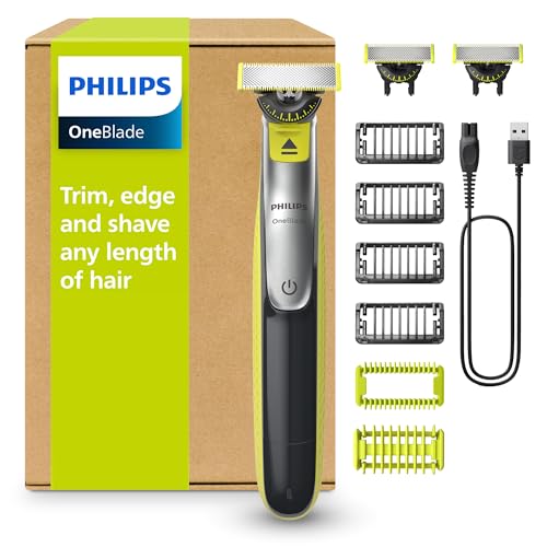 PHILIPS OneBlade 360 Face & Body - elektrischer Rasierer, Trimmer & Bodygroomer, 3x 360 Klingen, 4x Trimmaufsätze (1/2/3/5 mm), 2x Körperaufsätze, Nass- & Trockenrasur für Gesicht & Körper (QP2834/31)