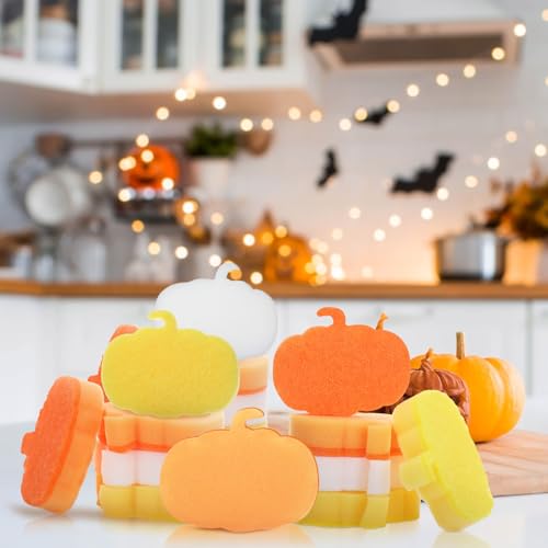 Image of Tioncy 12 Pack Kitchen Sponges Bulk Dual Sided Scrubber Sponges Dishwashing Kitchen Cleaning Accessories for Household Supplies(Pumpkin,Orange, Yellow, Beige)